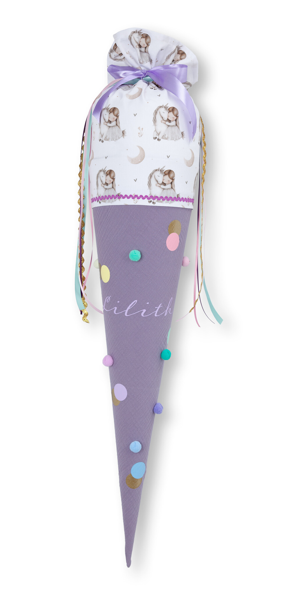 crêpes suzette Schultüte aus Musselin | handgefertigte Stoffschultüte zur Einschulung | Motiv: Einhorn| Farben: Flieder, Rosa & Mint | – Variante: mit Wunschnamen