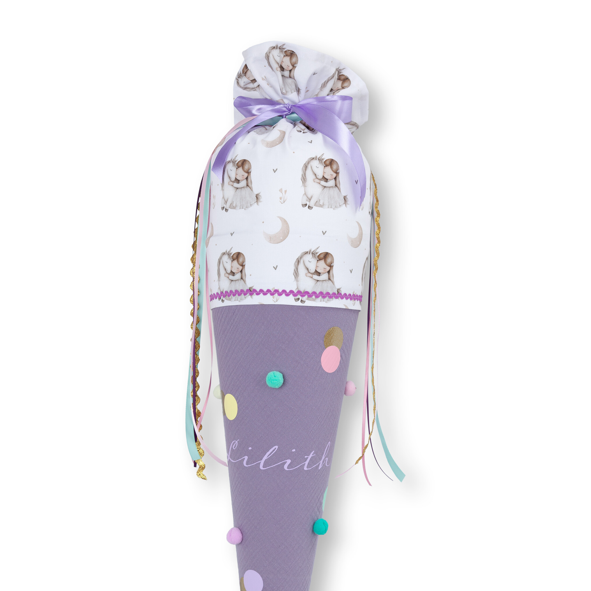 crêpes suzette Schultüte aus Musselin | handgefertigte Stoffschultüte zur Einschulung | Motiv: Einhorn| Farben: Flieder, Rosa & Mint | – Variante: mit Wunschnamen