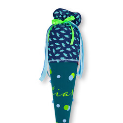 crêpes suzette Musselin Einschulungstüte für Jungs | Stoffschultüte wandelbar zum Kissen | Schultüte Hai