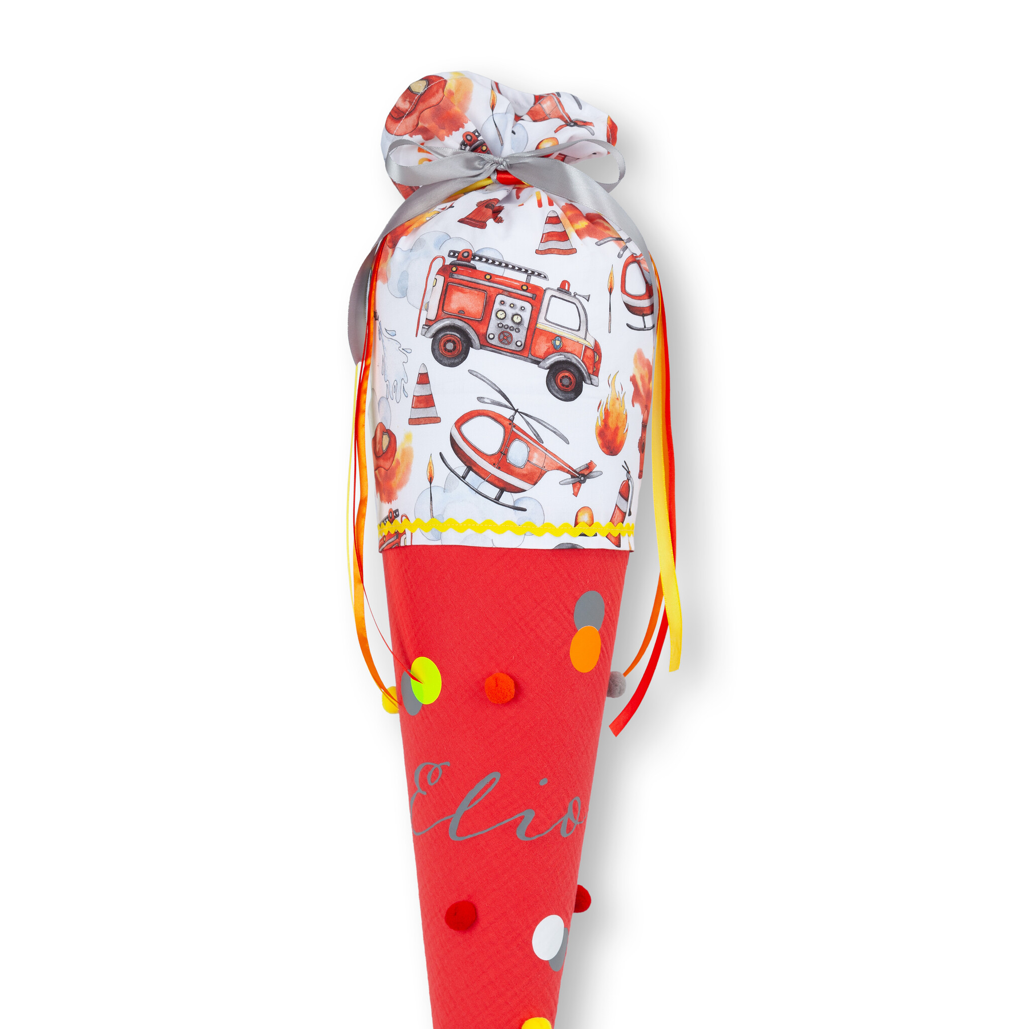 crêpes suzette Feuerwehr Schultüte aus Stoff | bestickt mit Wunschnamen | Für eine tolle Einschulung | Schultüte zum Kissen – Variante: mit Wunschnamen