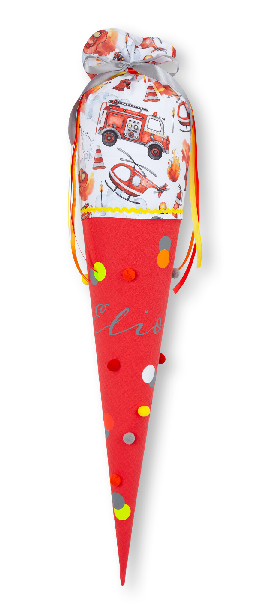 crêpes suzette Feuerwehr Schultüte aus Stoff | bestickt mit Wunschnamen | Für eine tolle Einschulung | Schultüte zum Kissen – Variante: mit Wunschnamen