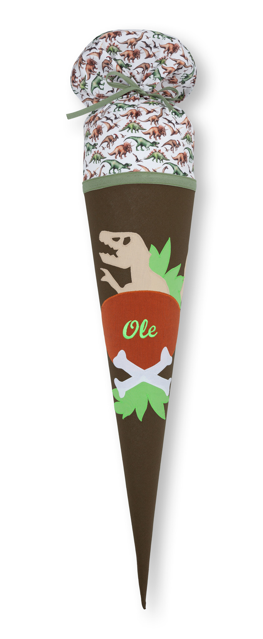 crêpes suzette Schultüte aus Stoff, Dinosaurier, Dinosaurier Skelett Farbe : Grün – Variante: mit Wunschnamen