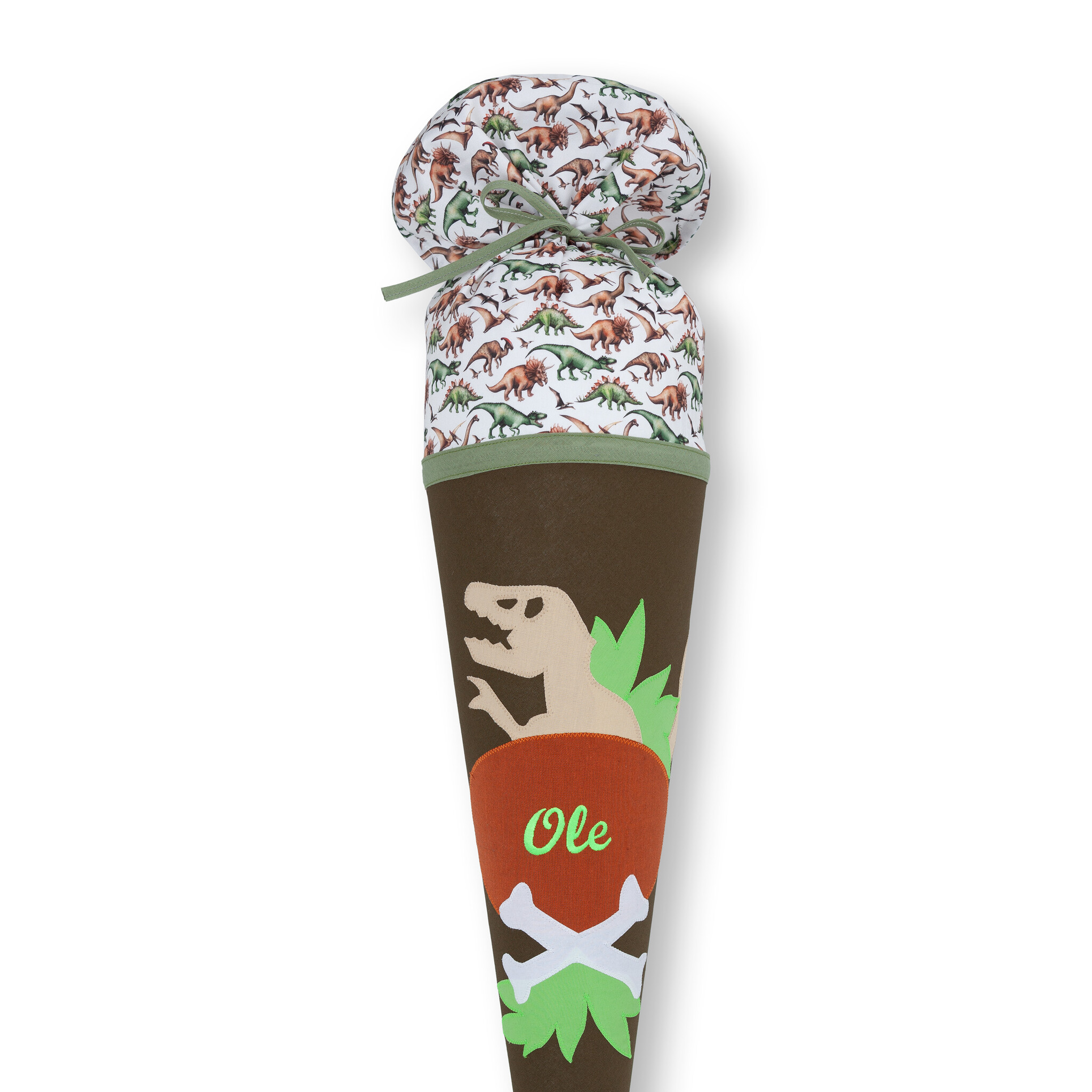 crêpes suzette Schultüte aus Stoff, Dinosaurier, Dinosaurier Skelett Farbe : Grün – Variante: mit Wunschnamen