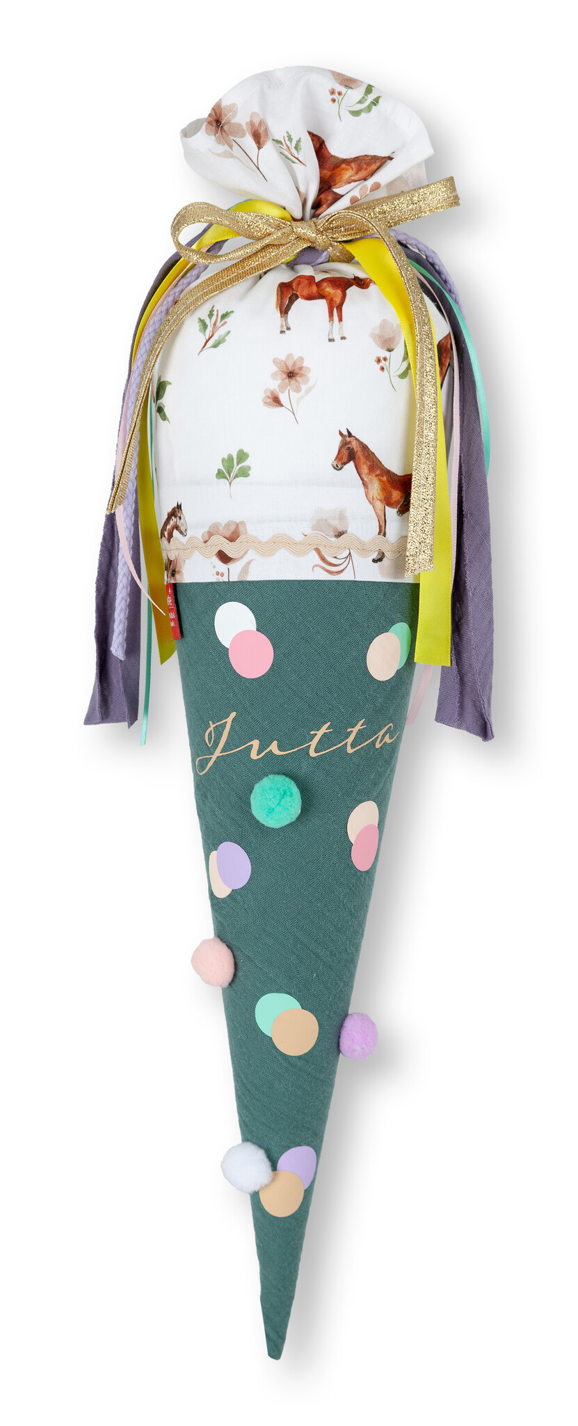 crêpes suzette Schultüte für Geschwister aus Musselin mit Pferd und Blumen – Varianten: mit Motiv und Namensbestickung