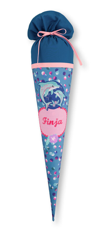crêpes suzette Stoffschultüte Dolphin Finja mit Namen • Handarbeit aus Köln • exklusiv lizenziert Step by Step • türkis-blau mit pinken Akzenten • Schultüte Delfin • wandelbar zum Kuschelkissen • nur bei uns passend zum Schulranzen Dolphin Finja – Variante: mit Wunschnamen