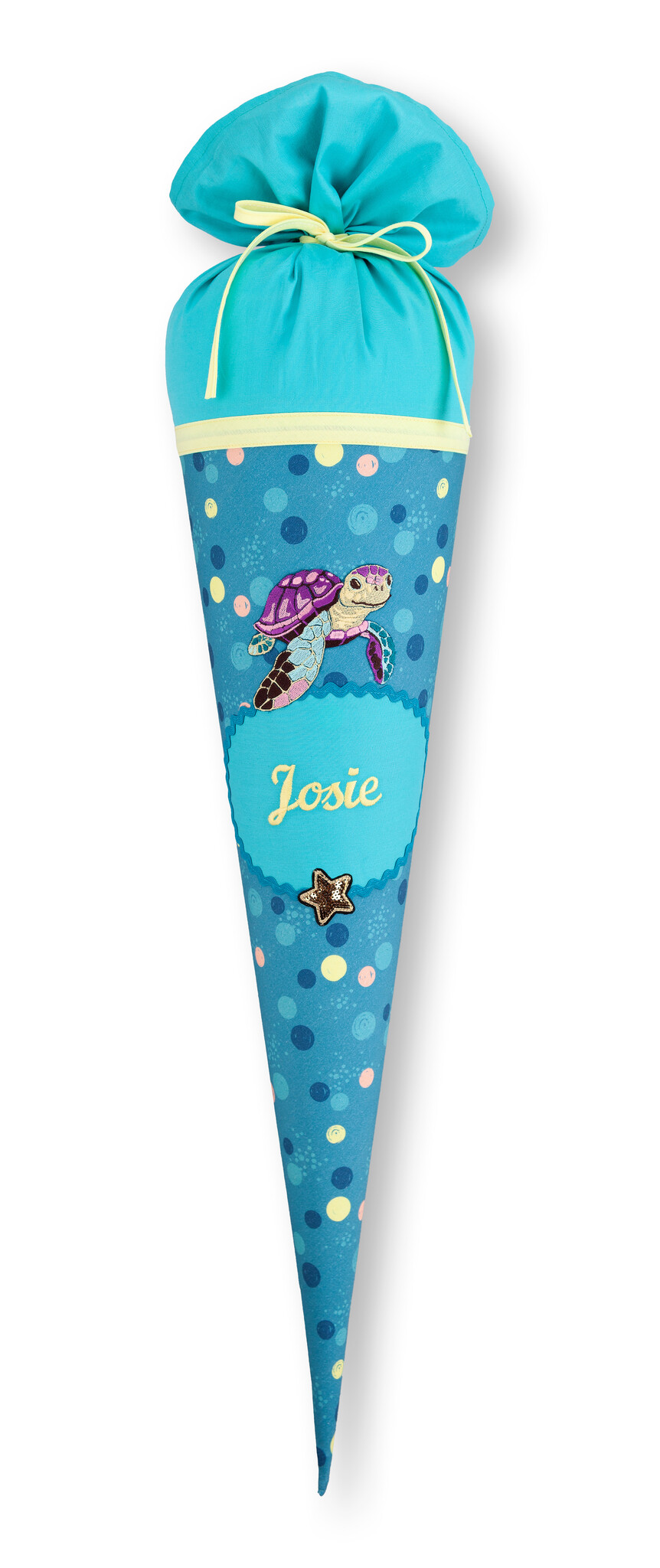 crêpes suzette Stoffschultüte Turtle Josie mit Namen • Handarbeit aus Köln • exklusiv lizenziert Step by Step • Mintgrün mit Gelb & Koralle • Schultüte Schildkröte • wandelbar zum Kuschelkissen – Variante: mit Wunschnamen