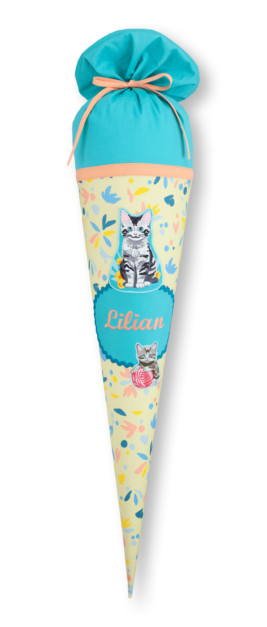 crêpes suzette Stoffschultüte Cat Lilly mit Namen • Handarbeit aus Köln • exklusiv lizenziert durch Step by Step • Gelb mit Koralle & Mint • Schultüte Katze • wandelbar zum Kuschelkissen – Variante: mit Wunschnamen