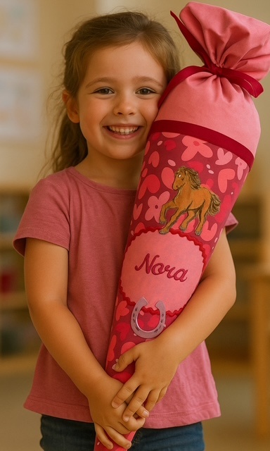 crêpes suzette Stoffschultüte Wild Horse Nora mit Namen • Handarbeit aus Köln • exklusiv lizenziert Step by Step • Himbeerrot mit Pink • Schultüte Pferd • wandelbar zum Kuschelkissen – Variante: mit Wunschnamen