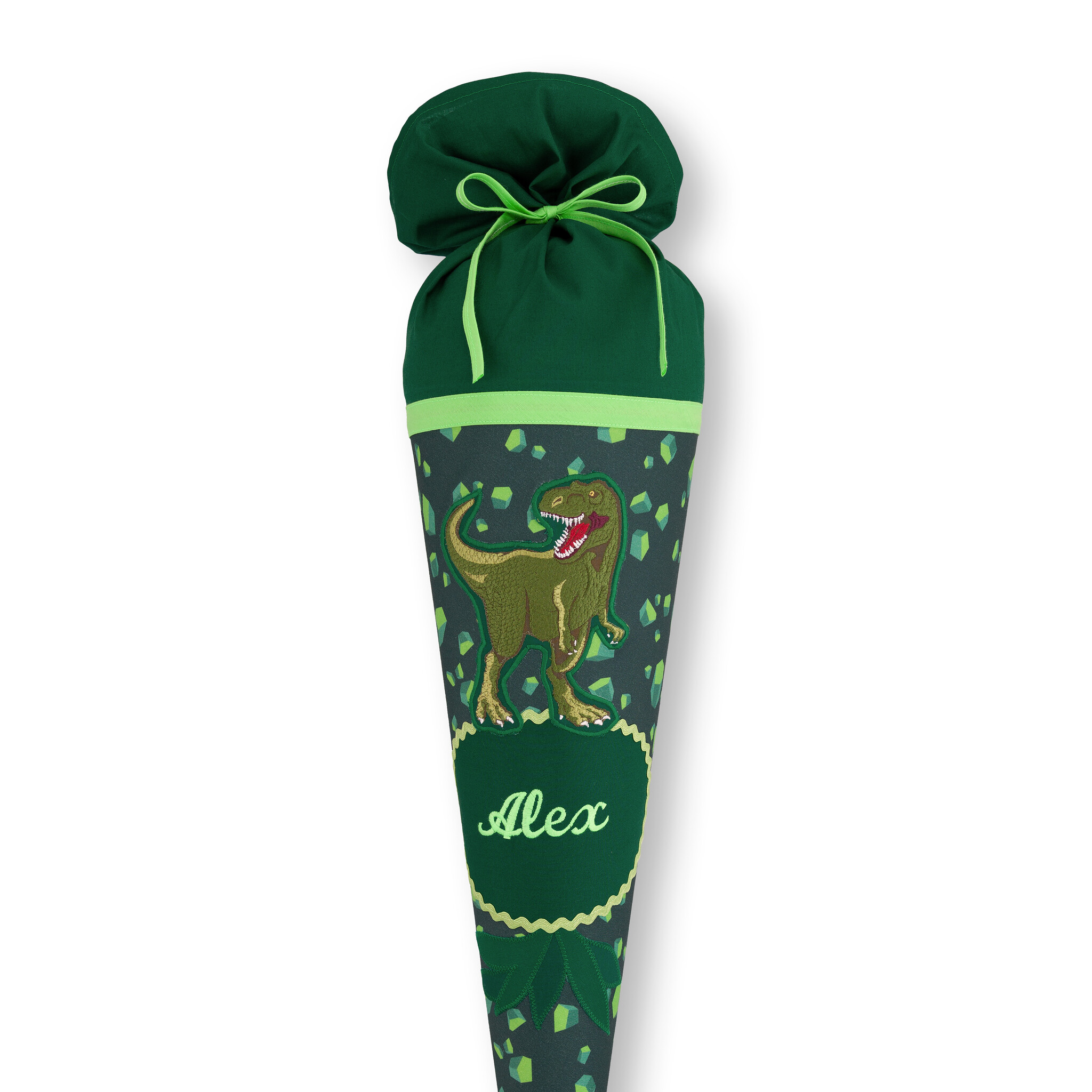 crêpes suzette Stoffschultüte Dino Targo mit Namen • Handarbeit aus Köln • exklusiv lizenziert Step by Step • Grüntöne mit Dinosaurier-Motiv • wandelbar zum Kuschelkissen – Variante: mit Wunschnamen