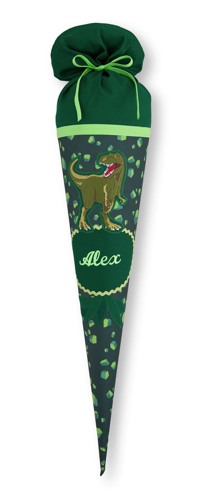 crêpes suzette Stoffschultüte Dino Targo mit Namen • Handarbeit aus Köln • exklusiv lizenziert Step by Step • Grüntöne mit Dinosaurier-Motiv • wandelbar zum Kuschelkissen – Variante: mit Wunschnamen