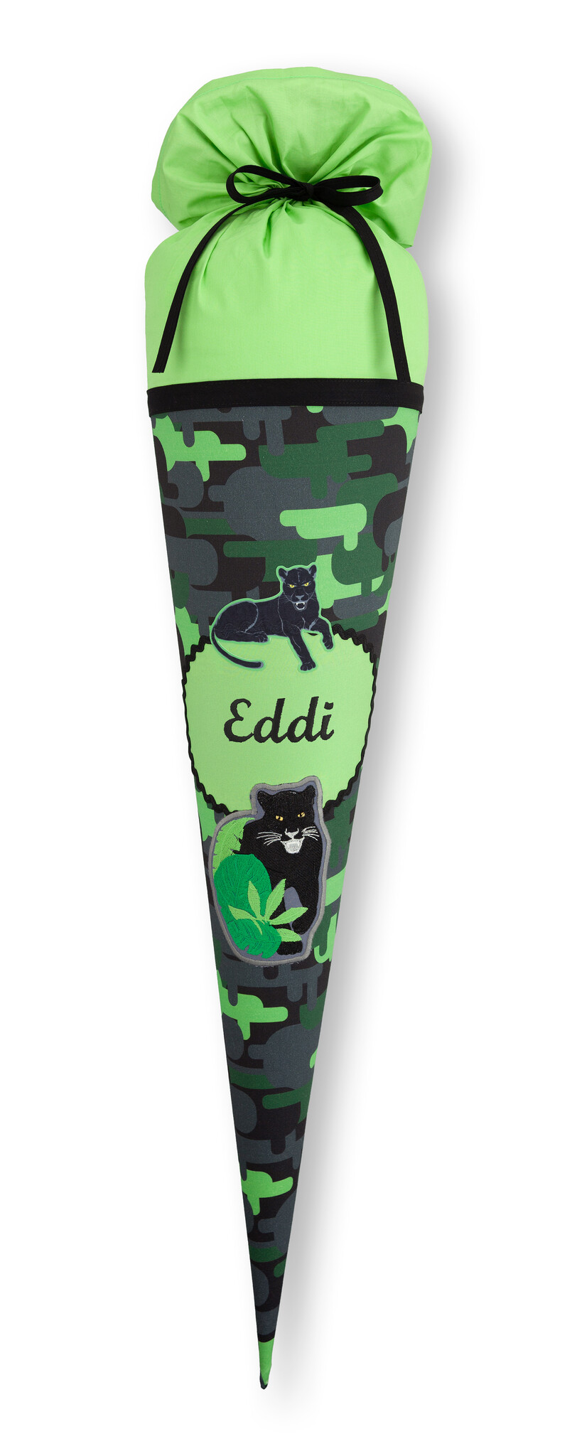 crêpes suzette Stoffschultüte Black Cat Chico mit Namen • Handarbeit aus Köln • exklusiv lizenziert durch Step by Step • Panther-Motiv in Schwarz-Grau-Grün • wandelbar zum Kuschelkissen – Variante: mit Wunschnamen