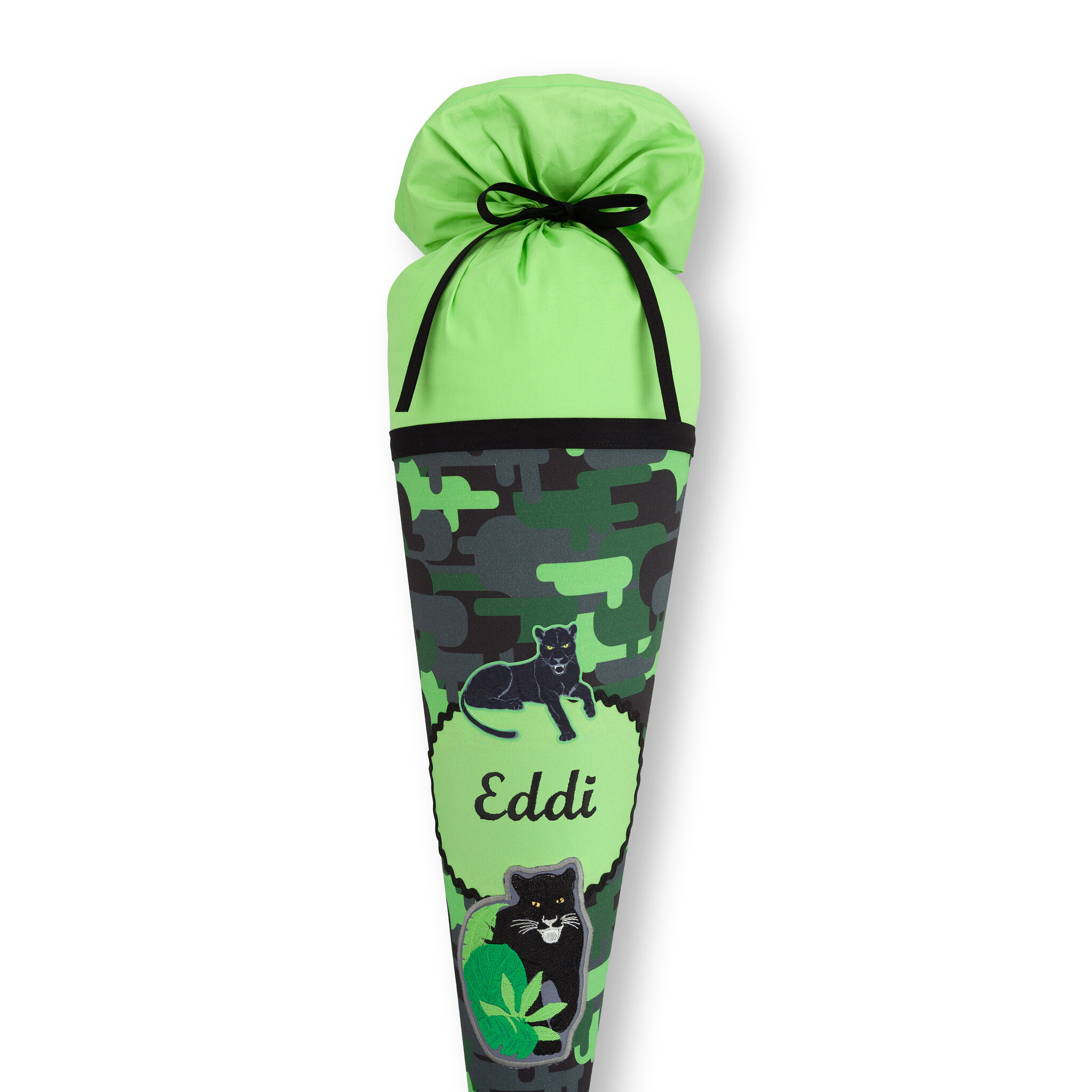 crêpes suzette Stoffschultüte Black Cat Chico mit Namen • Handarbeit aus Köln • exklusiv lizenziert durch Step by Step • Panther-Motiv in Schwarz-Grau-Grün • wandelbar zum Kuschelkissen – Variante: mit Wunschnamen