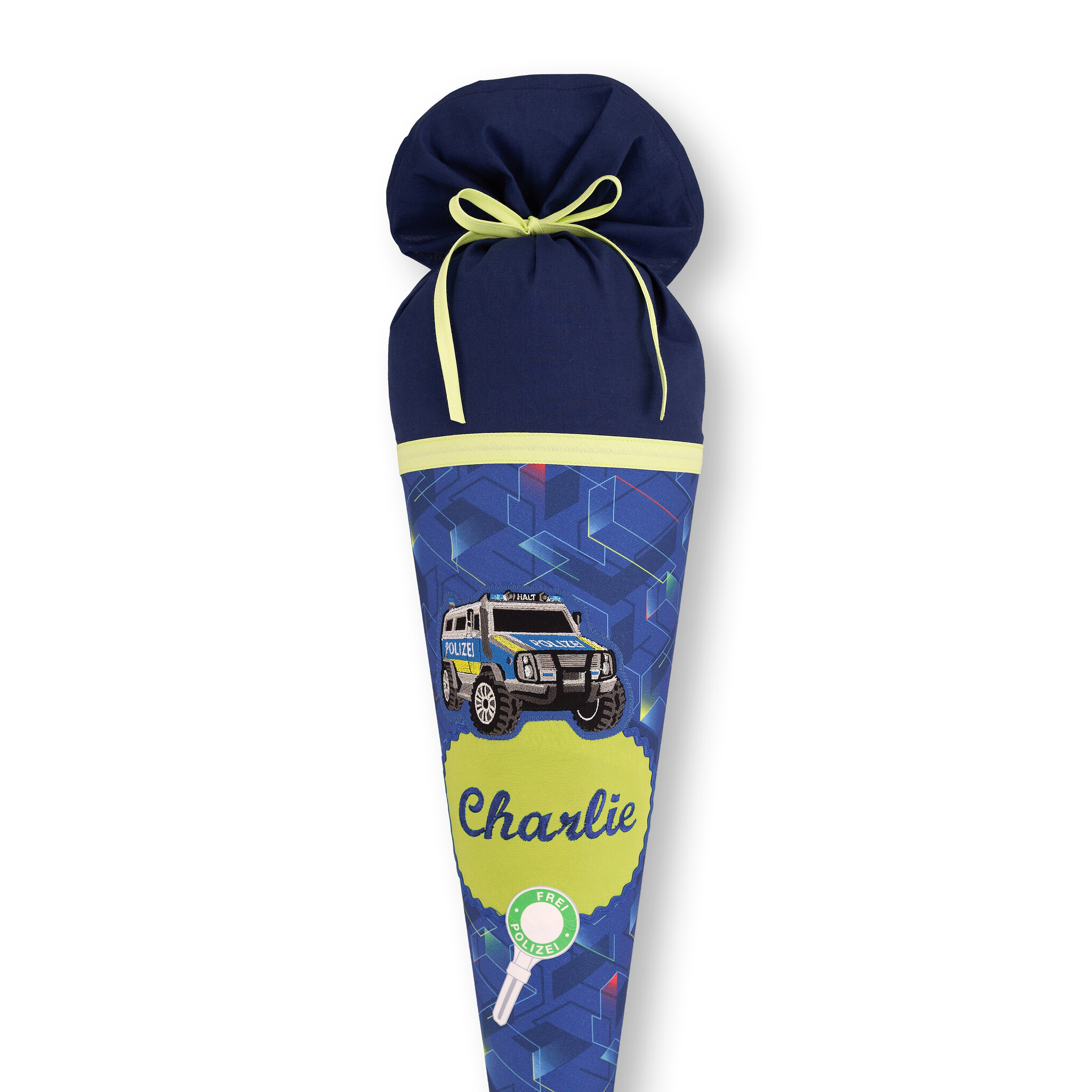 crêpes suzette Stoffschultüte Police Truck Charly mit Namen • Handarbeit aus Köln • exklusiv lizenziert Step by Step • Polizeiwagen-Motiv in Blau • wandelbar zum Kuschelkissen – Variante: mit Wunschnamen