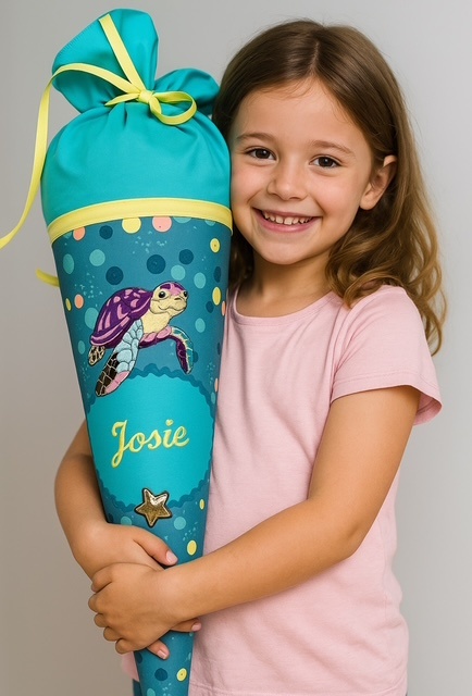 crêpes suzette Stoffschultüte Turtle Josie mit Namen • Handarbeit aus Köln • exklusiv lizenziert Step by Step • Mintgrün mit Gelb & Koralle • Schultüte Schildkröte • wandelbar zum Kuschelkissen – Variante: mit Wunschnamen