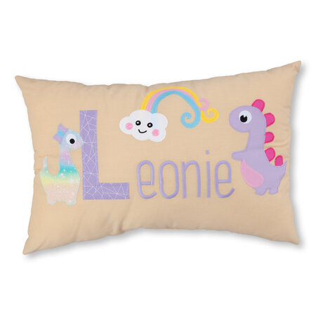 crêpes suzette Kissen mit Namen als Geburtsgeschenk I Zartes Beige I  Motiv : Dinos I Handarbeit I