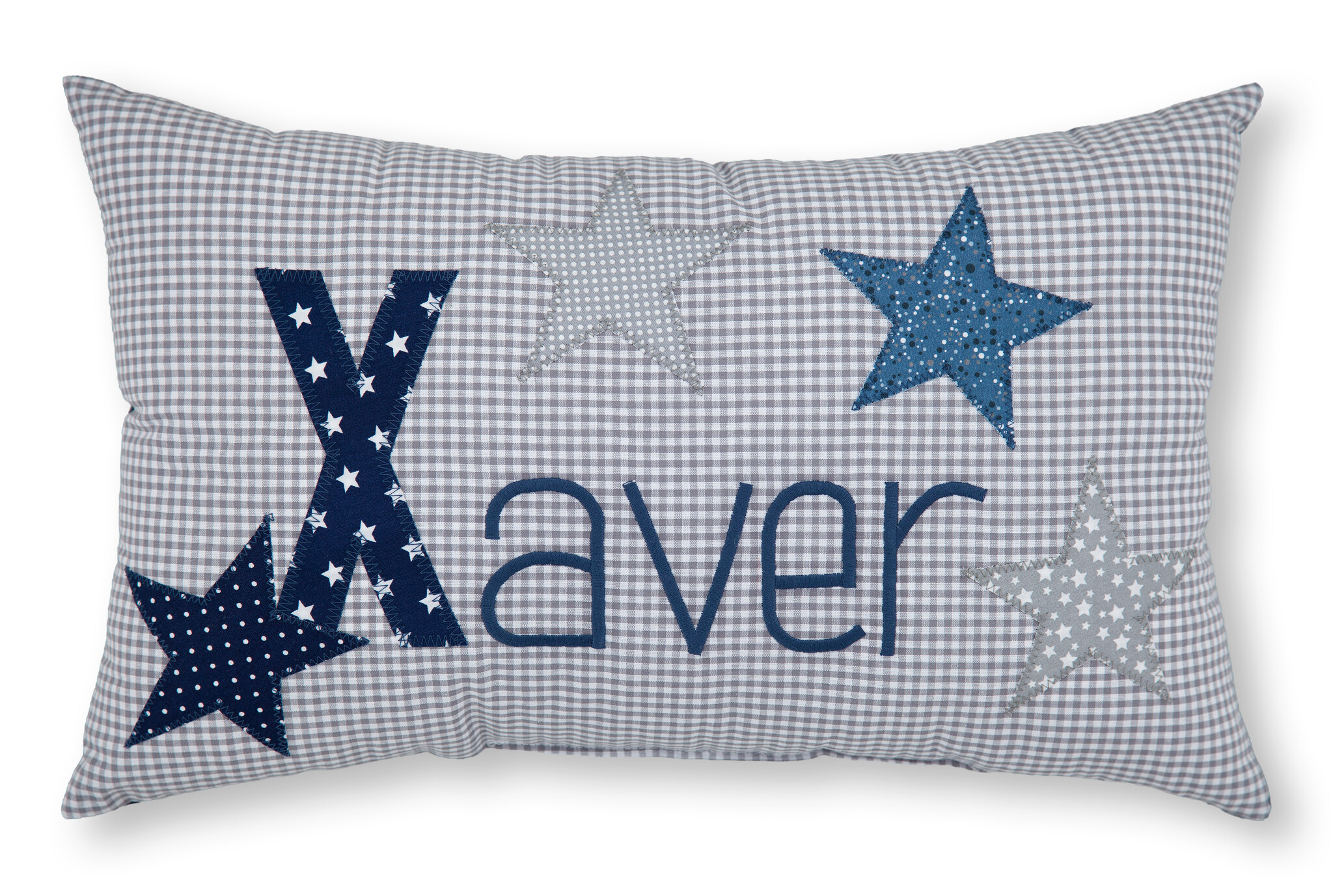 crêpes suzette Personalisiertes Namenskissen in grau kariert mit Sternen in Blau und Grau I Geschenk zur Geburt, Taufe oder Geburtstag