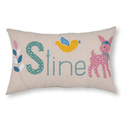 crêpes suzette Namenskissen I Reh, Vogel und Blätter I Beige kariert I mit Wunschnamen