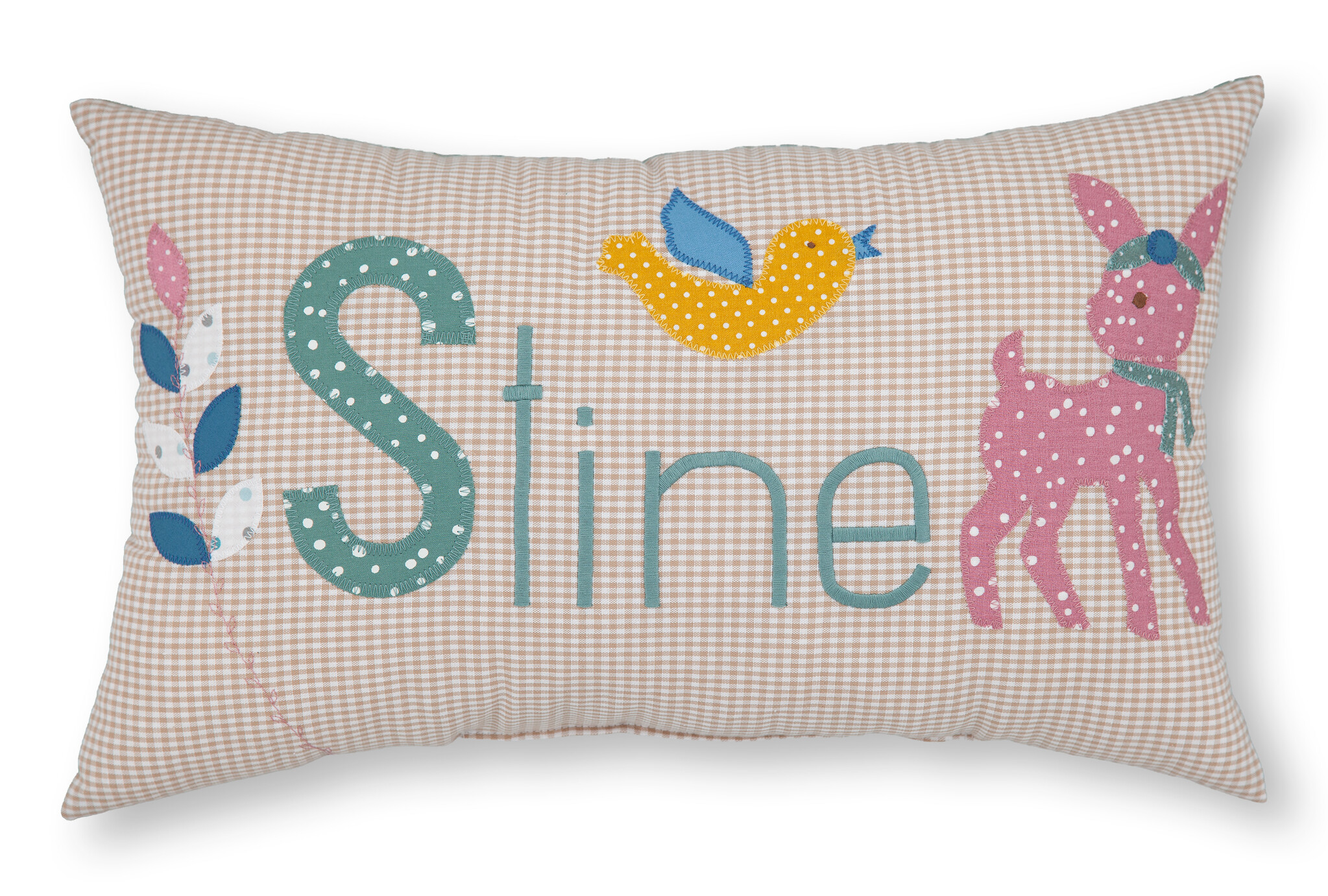 crêpes suzette Personalisiertes Namenskissen in beige kariert mit Reh, Vogel und Blätter I Geschenk zur Geburt, Taufe oder Geburtstag