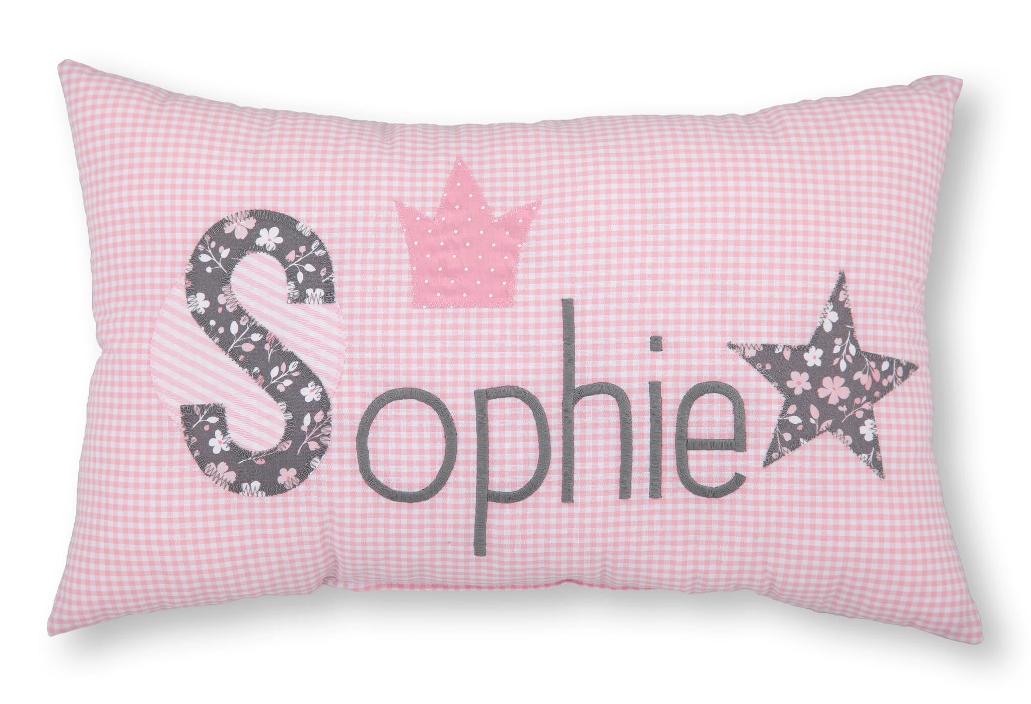 crêpes suzette Personalisiertes Namenskissen in rosa kariert mit Krone und Stern I Geschenk zur Geburt, Taufe oder Geburtstag