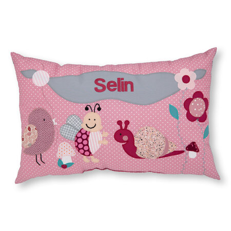 crêpes suzette Namenskissen I Vogel, Biene und Schnecke I Rosa I mit Wunschnamen