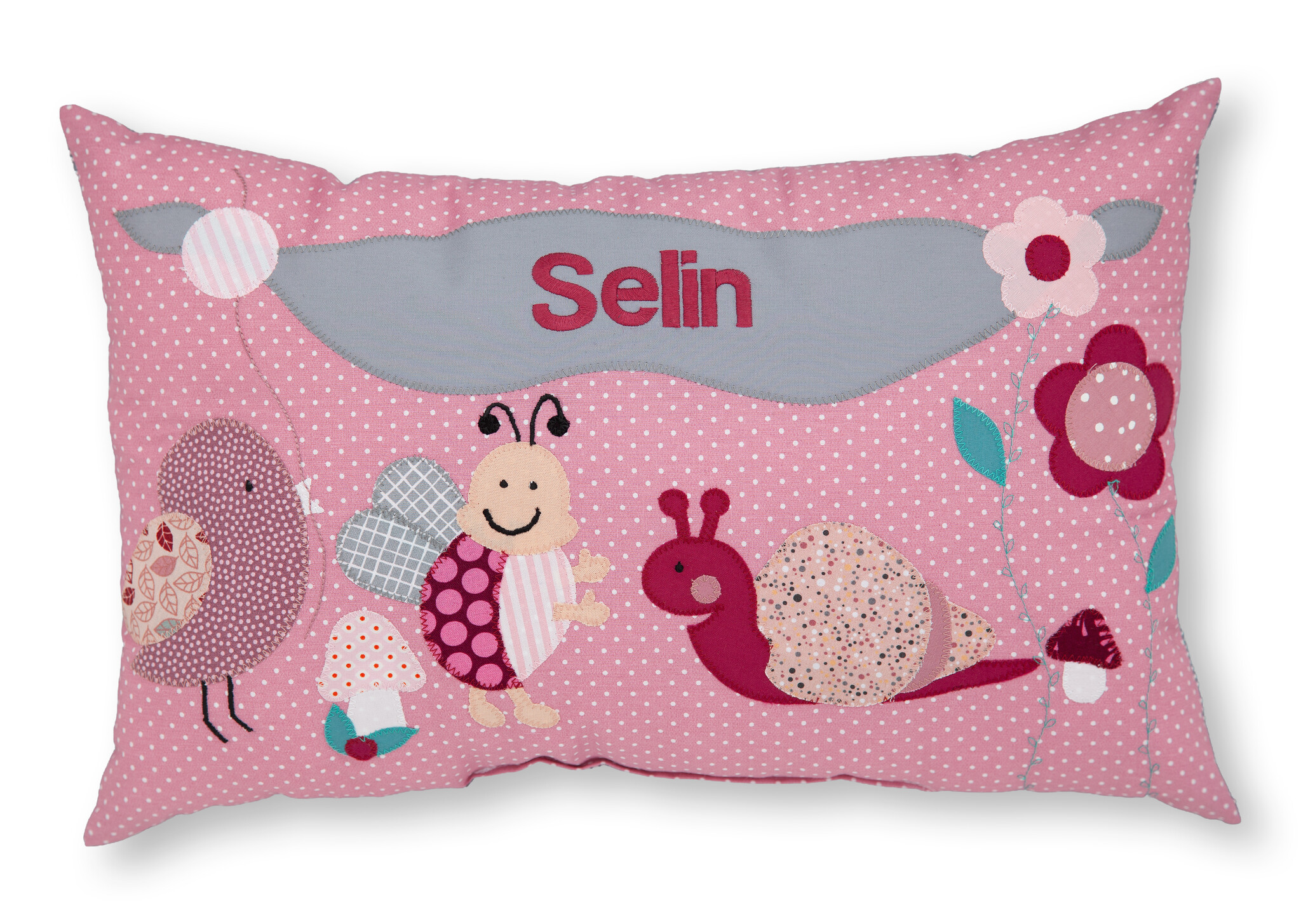 crêpes suzette Personalisiertes Namenskissen in rosa mit Vogel, Biene und Schnecke I Geschenk zur Geburt, Taufe oder Geburtstag