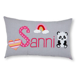 crêpes suzette Namenskissen I Regenbogen, Herz und Panda I Grau kariert I mit Wunschnamen