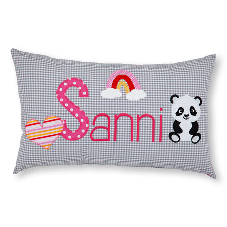 crêpes suzette Namenskissen I Regenbogen, Herz und Panda I Grau kariert I mit Wunschnamen