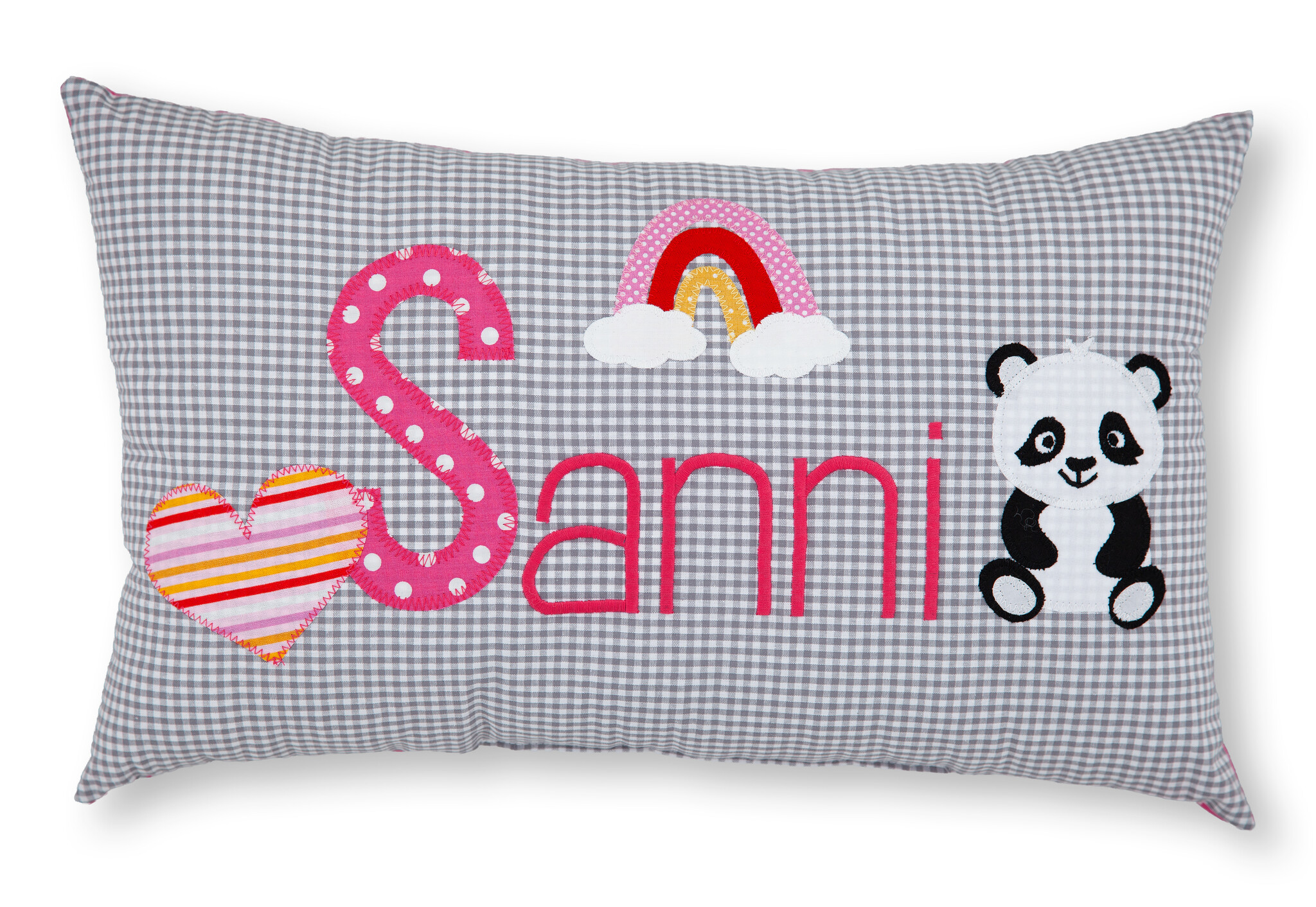 crêpes suzette Personalisiertes Namenskissen in grau kariert mit Regenbogen, Herz und Panda I Geschenk zur Geburt, Taufe oder Geburtstag