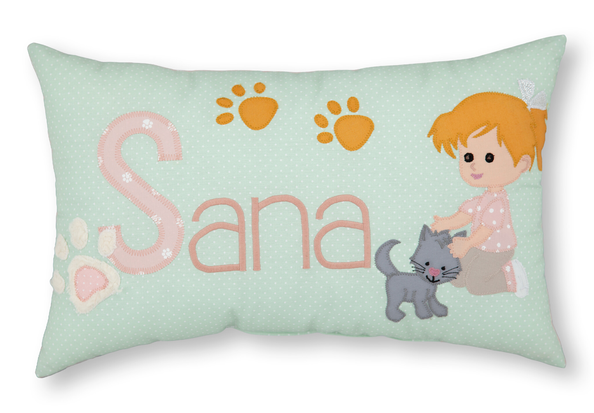 crêpes suzette Personalisiertes Namenskissen in mint mit Mädchen, Katze und Pfötchen I Geschenk zur Geburt, Taufe oder Geburtstag