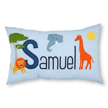 crêpes suzette Namenskissen I Löwe, Elefant und Giraffe I Hellblau kariert I mit Wunschnamen