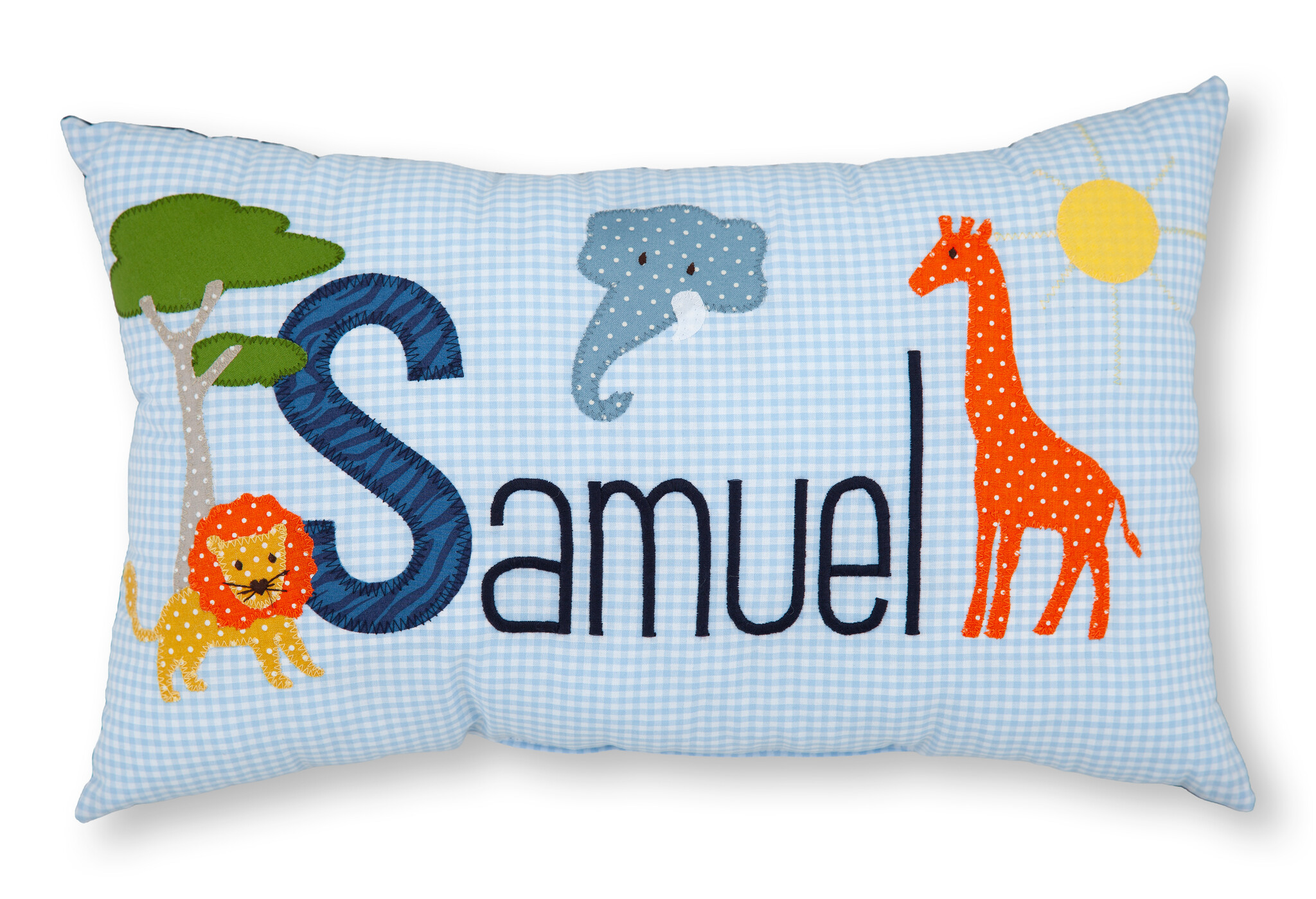 crêpes suzette Personalisiertes Namenskissen in hellblau kariert mit Löwe, Elefant und Giraffe I Geschenk zur Geburt, Taufe oder Geburtstag