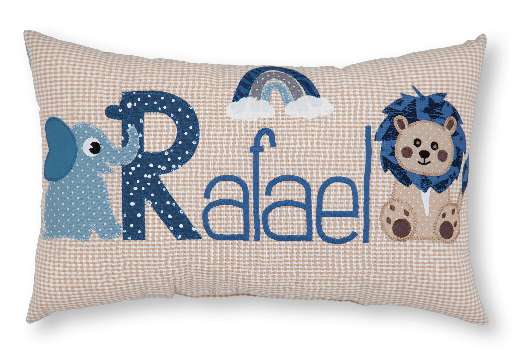 crêpes suzette Personalisiertes Namenskissen in beige kariert mit Elefant, Löwe und Regenbogen I Geschenk zur Geburt, Taufe oder Geburtstag