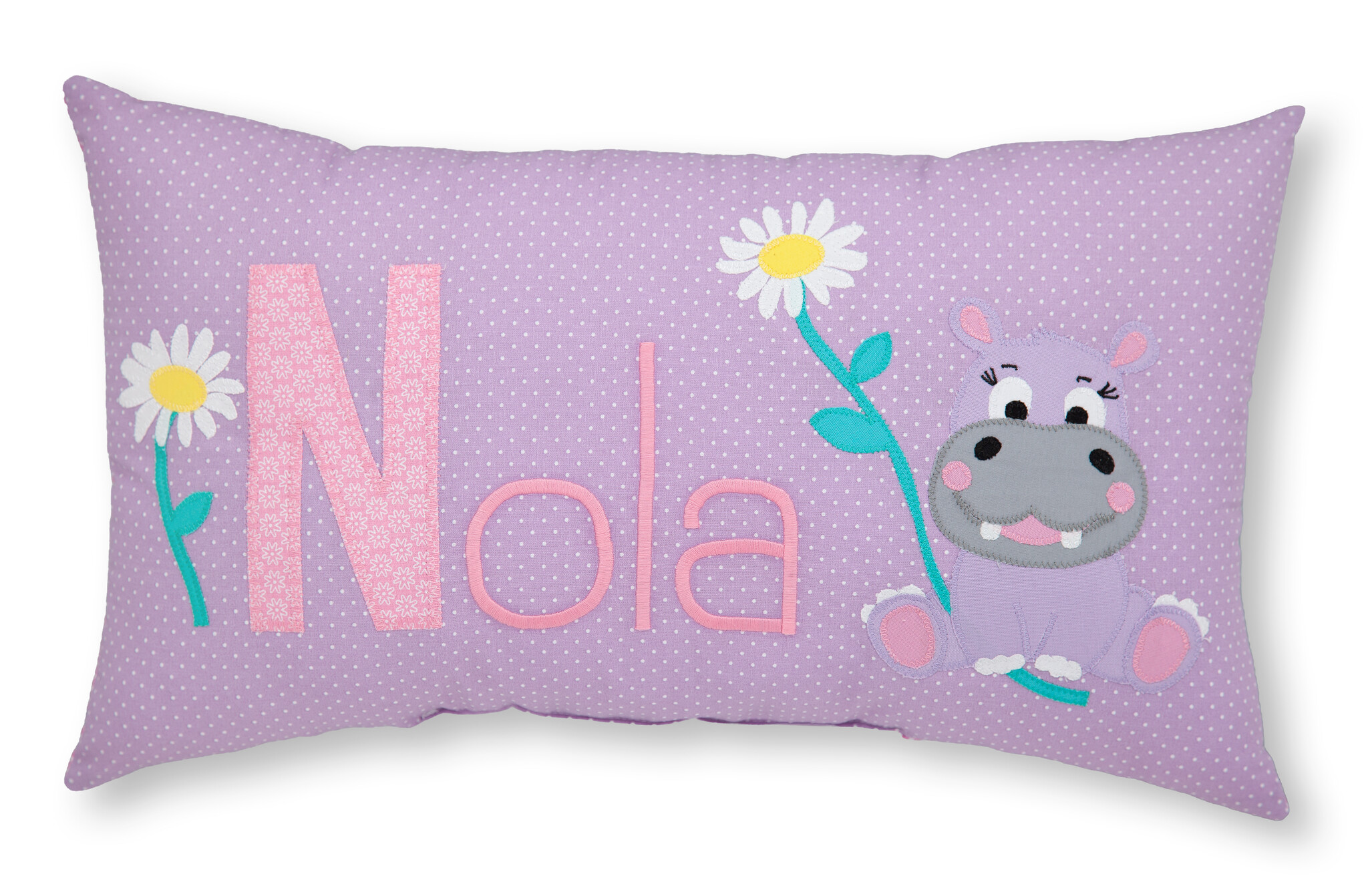 crêpes suzette Personalisiertes Namenskissen in flieder mit Nilpferd, Blumen und Kirschen I Geschenk zur Geburt, Taufe oder Geburtstag