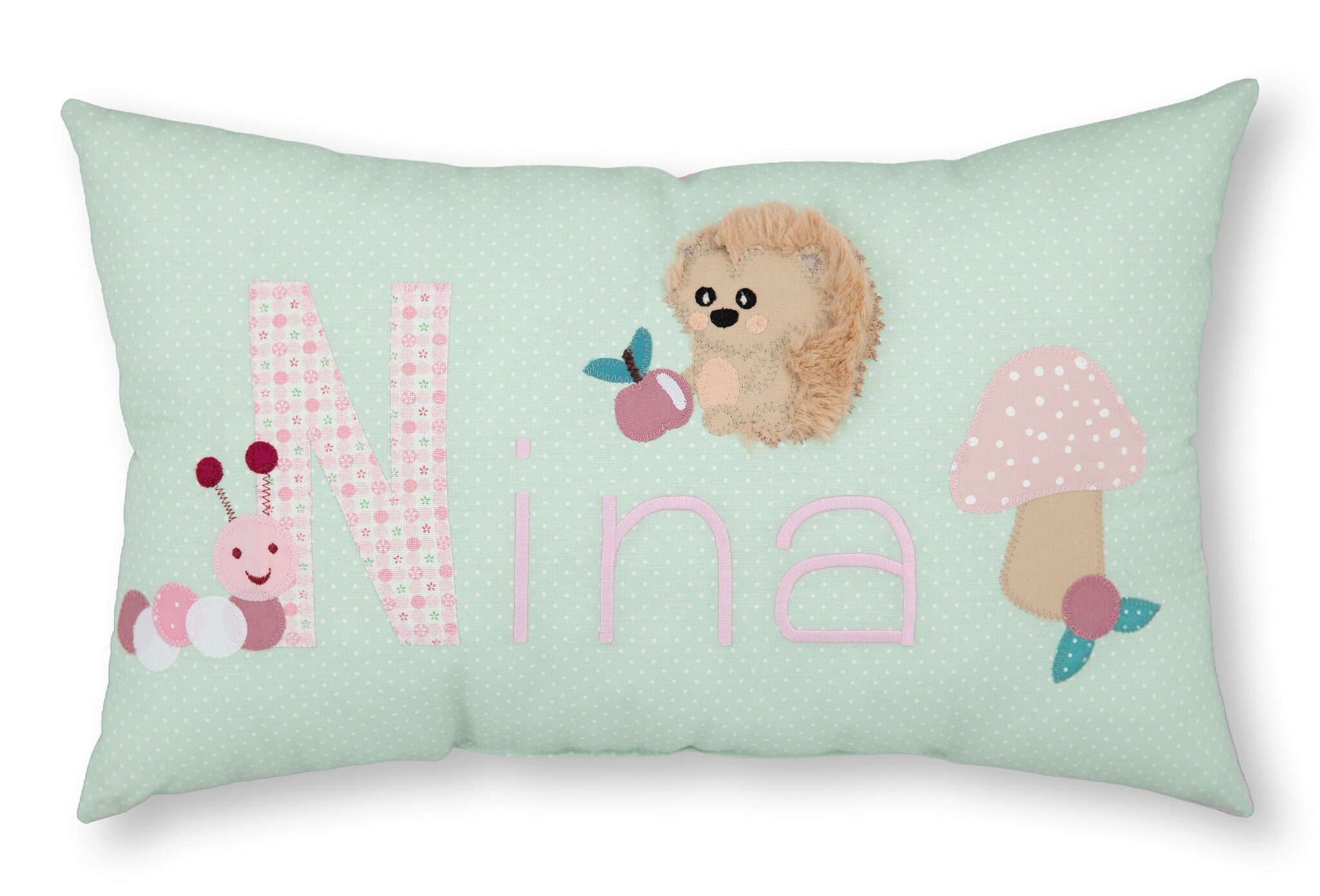 crêpes suzette Personalisiertes Namenskissen in mintgrün mit Igel, Pilz und Raupe I Geschenk zur Geburt, Taufe oder Geburtstag