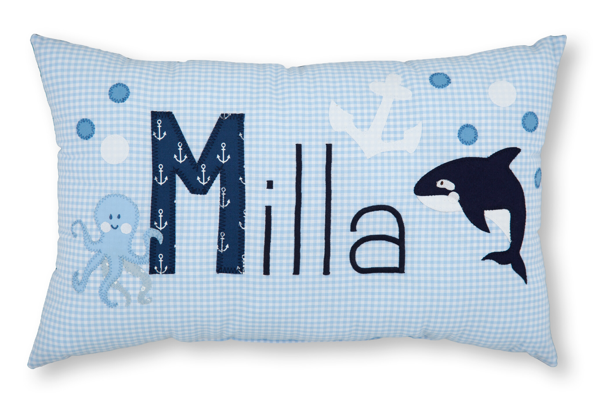 crêpes suzette Personalisiertes Namenskissen in hellblau kariert mit Wal, Anker und Oktopus I Geschenk zur Geburt, Taufe oder Geburtstag
