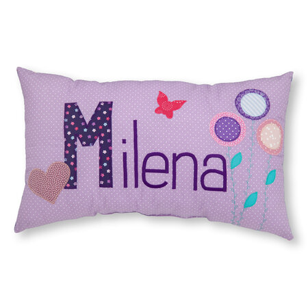 crêpes suzette Namenskissen I Schmetterling, Blumen und Herz I Flieder I mit Wunschnamen