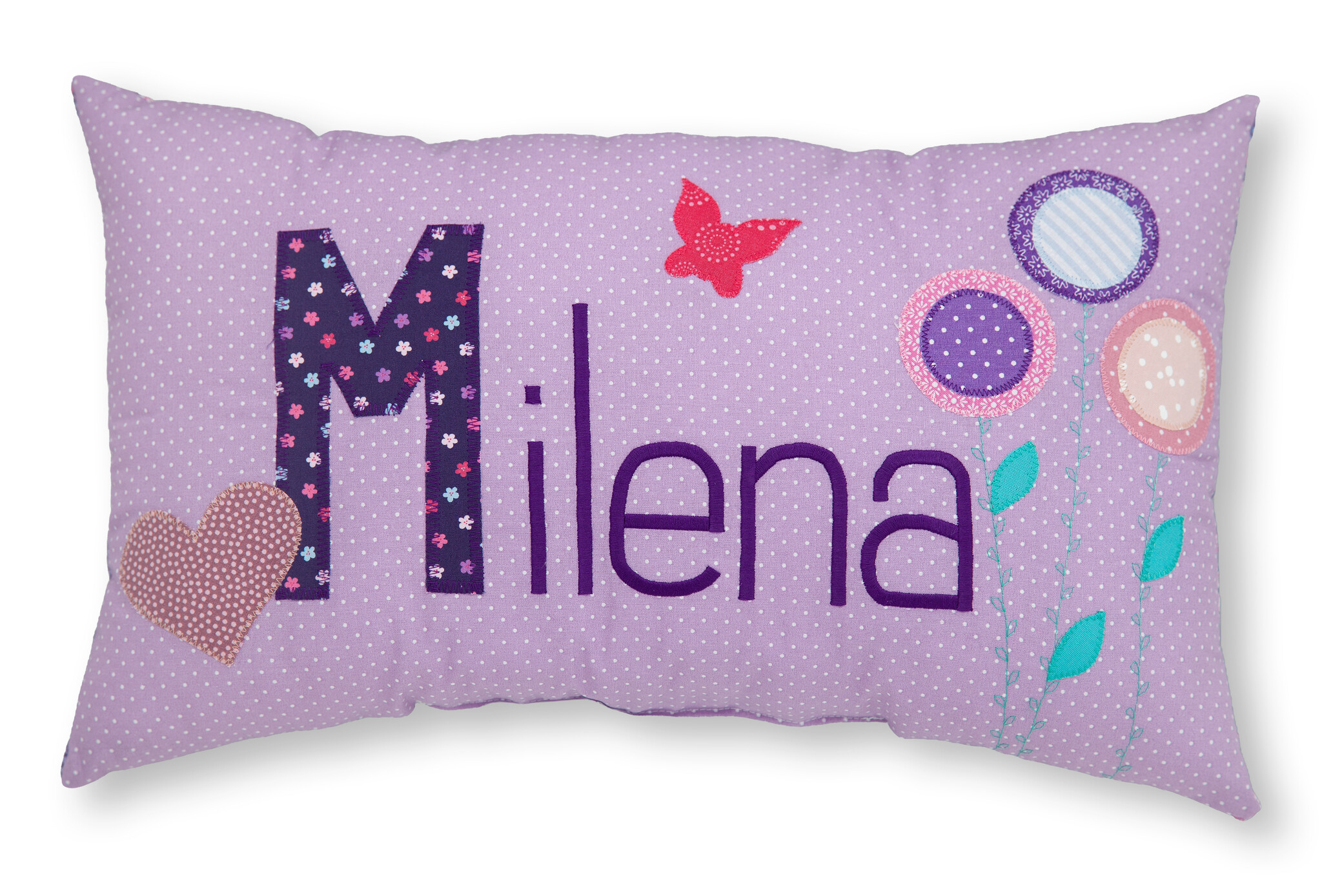 crêpes suzette Personalisiertes Namenskissen in flieder mit Schmetterling, Blumen und Herz I Geschenk zur Geburt, Taufe oder Geburtstag