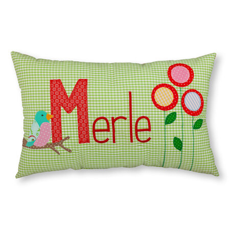 crêpes suzette Namenskissen I Vogel und Blumen I Grün I mit Wunschnamen