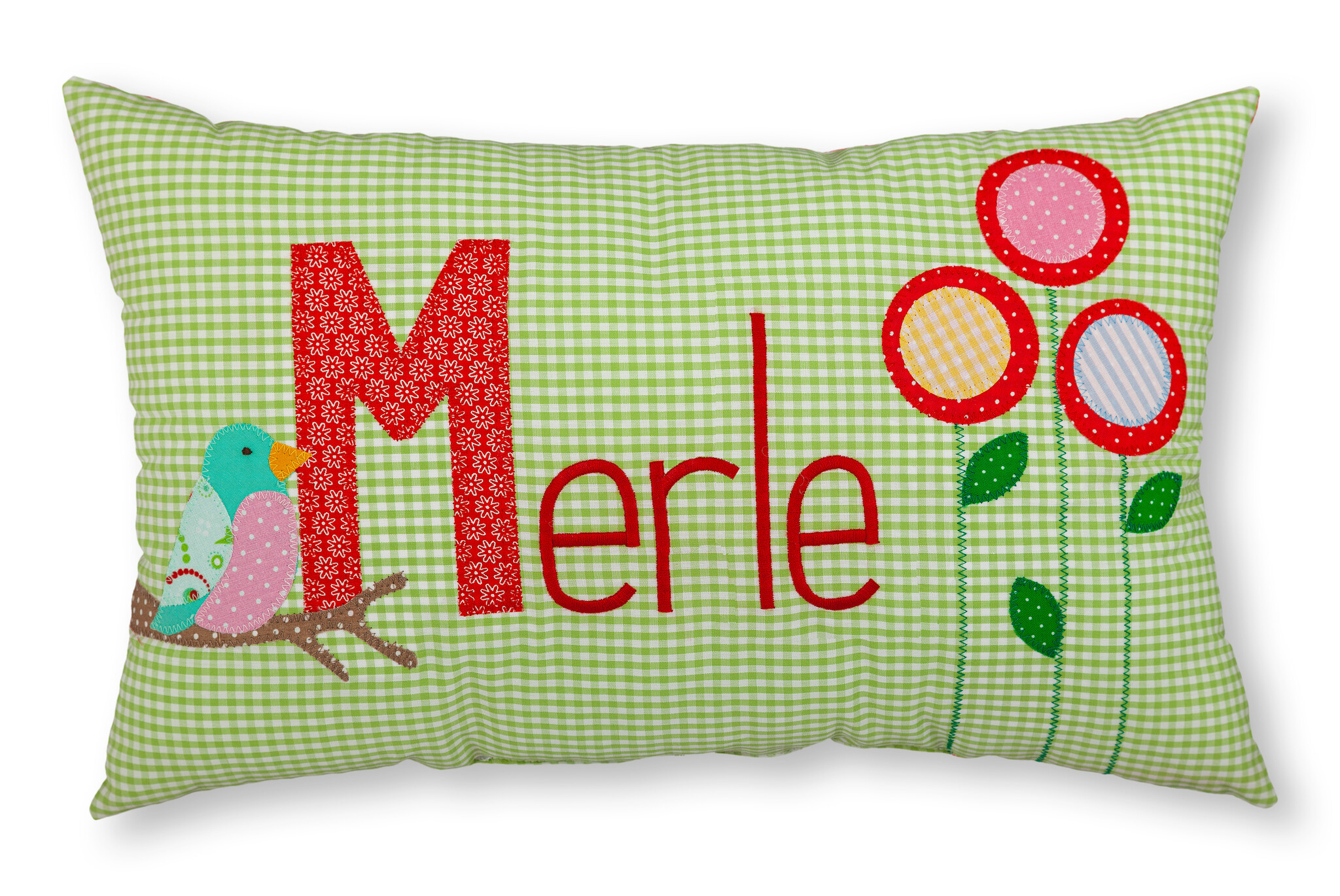 crêpes suzette Personalisiertes Namenskissen in grün kariert mit Vogel und Blumen I Geschenk zur Geburt, Taufe oder Geburtstag