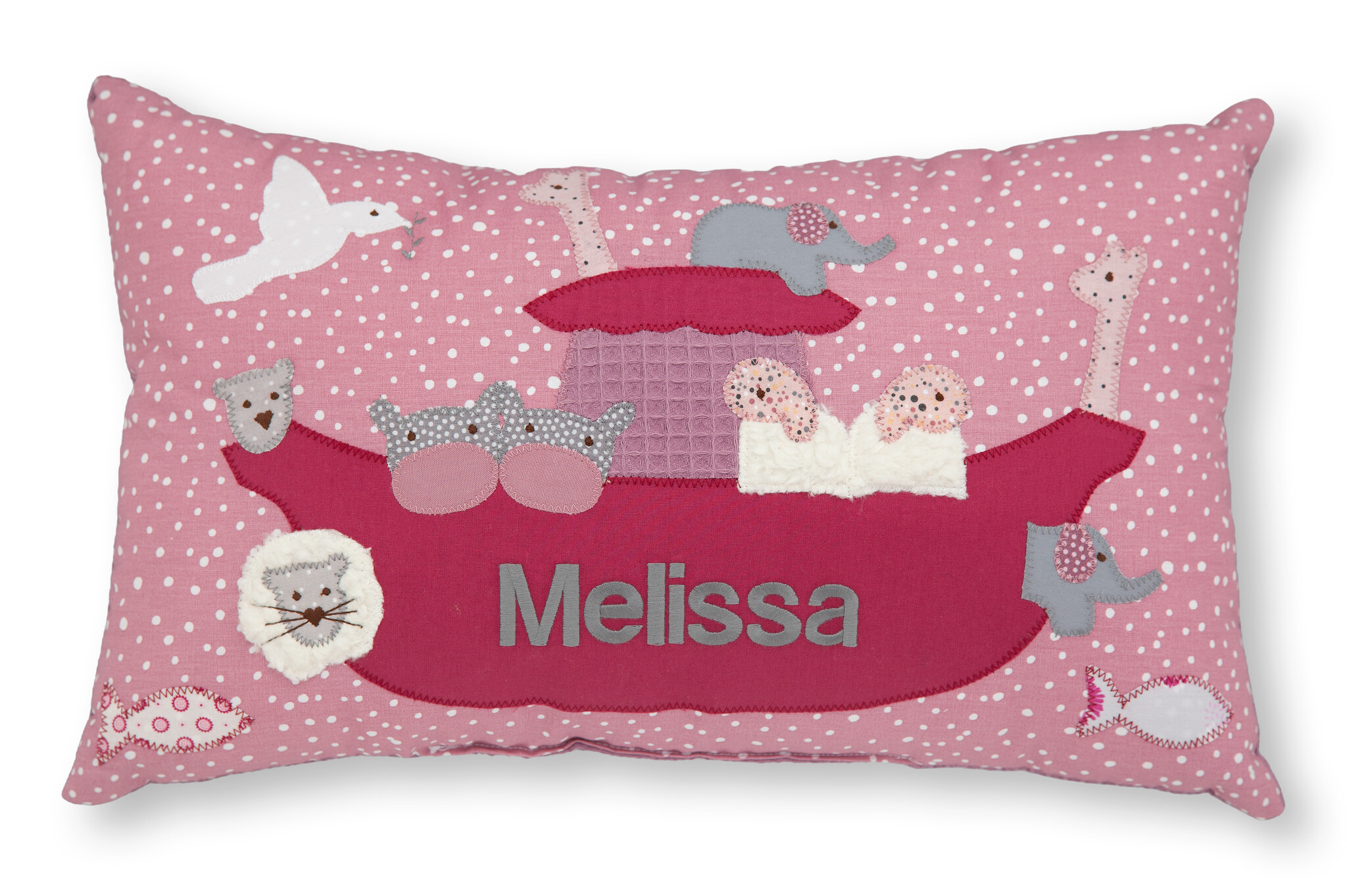 crêpes suzette Personalisiertes Namenskissen in rosa kariert,  Arche Noah, Löwe und Giraffe I Geschenk zur Geburt, Taufe oder Geburtstag