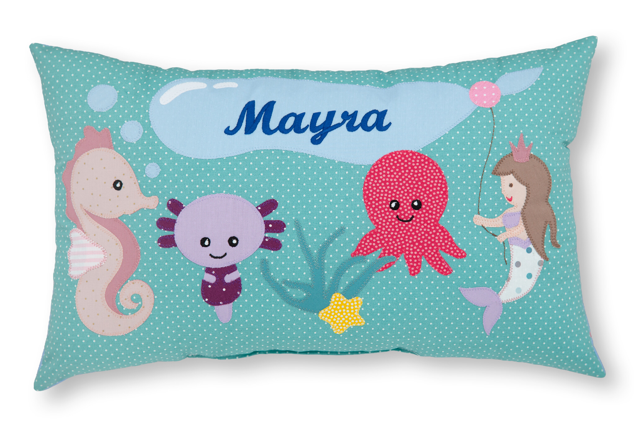 crêpes suzette Personalisiertes Namenskissen in türkis mit Seepferdchen, Oktopus und Meerjungfrau I Geschenk zur Geburt, Taufe oder Geburtstag