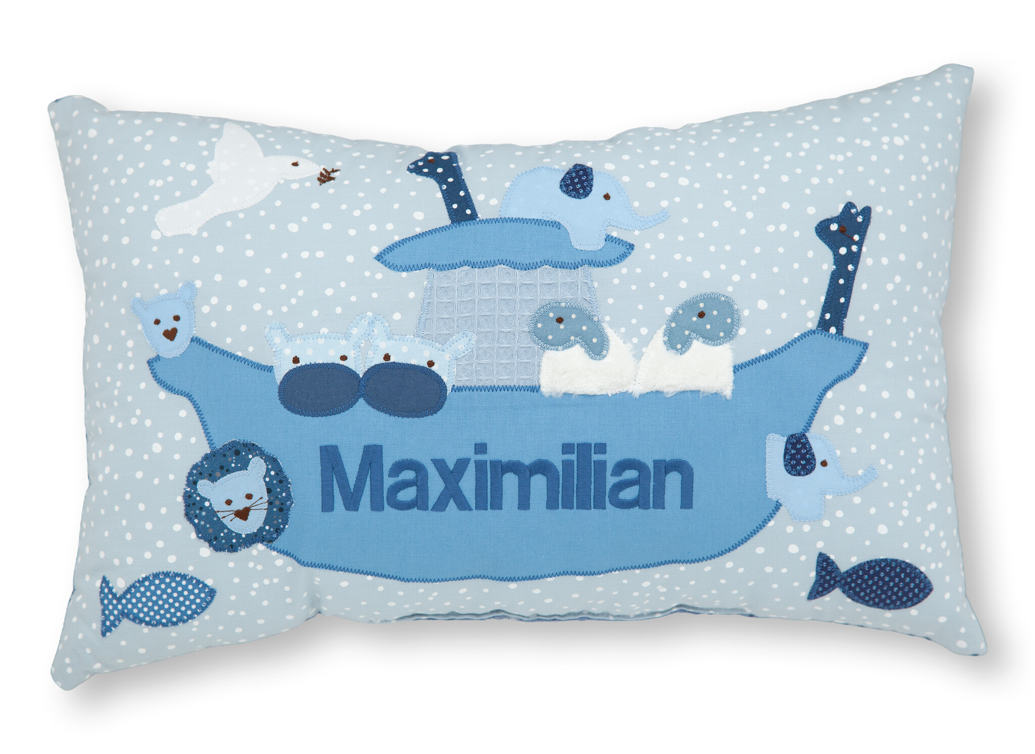 crêpes suzette Personalisiertes Namenskissen in hellblau kariert mit Arche Noah, Giraffe und Löwe I Geschenk zur Geburt, Taufe oder Geburtstag