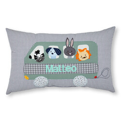 crêpes suzette Namenskissen I Bus mit Tieren I Grau kariert I mit Wunschnamen