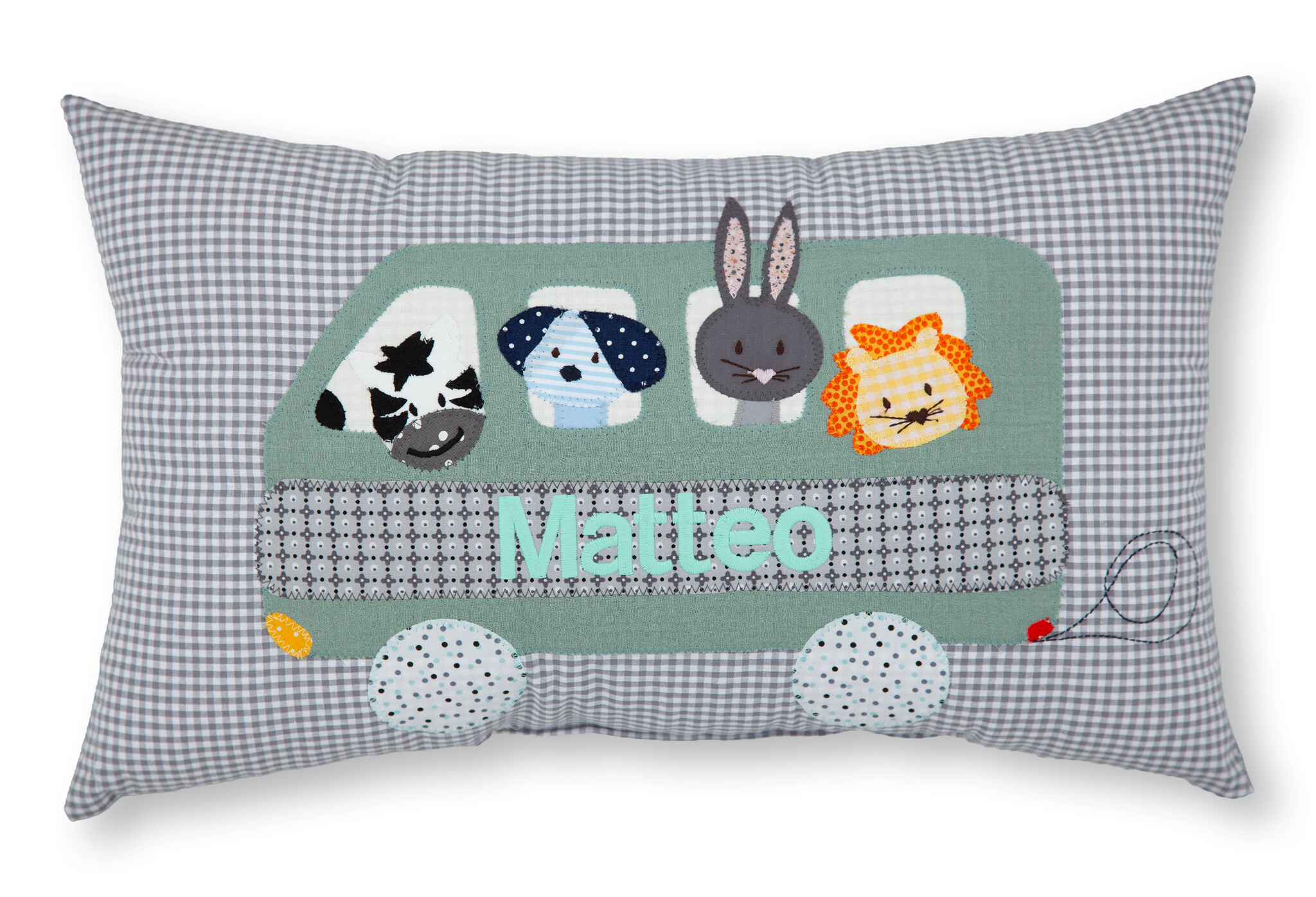 crêpes suzette Personalisiertes Namenskissen in grau kariert  I Bus mit Tieren I Geschenk zur Geburt, Taufe oder Geburtstag