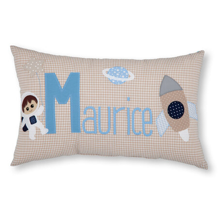 crêpes suzette Namenskissen I Astronaut, Rakete und Planet I Beige kariert I mit Wunschnamen