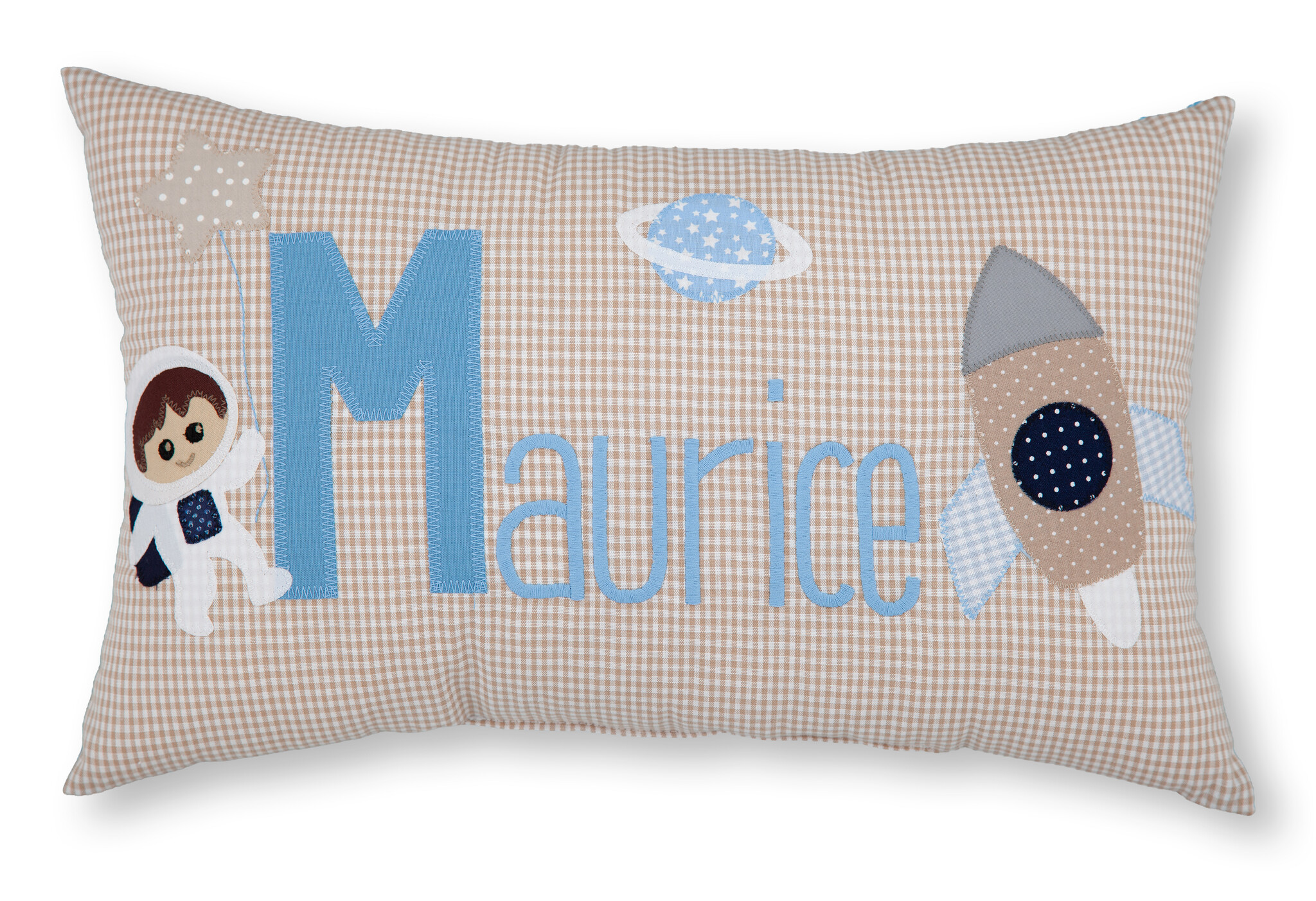 crêpes suzette Personalisiertes Namenskissen in beige kariert mit Astronaut, Rakete und Planet I Geschenk zur Geburt, Taufe oder Geburtstag