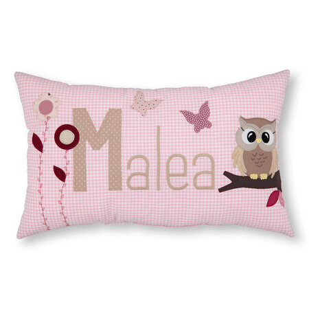 crêpes suzette Namenskissen  I Eule, Schmetterlinge und Blumen I Rosa kariert I mit Wunschnamen