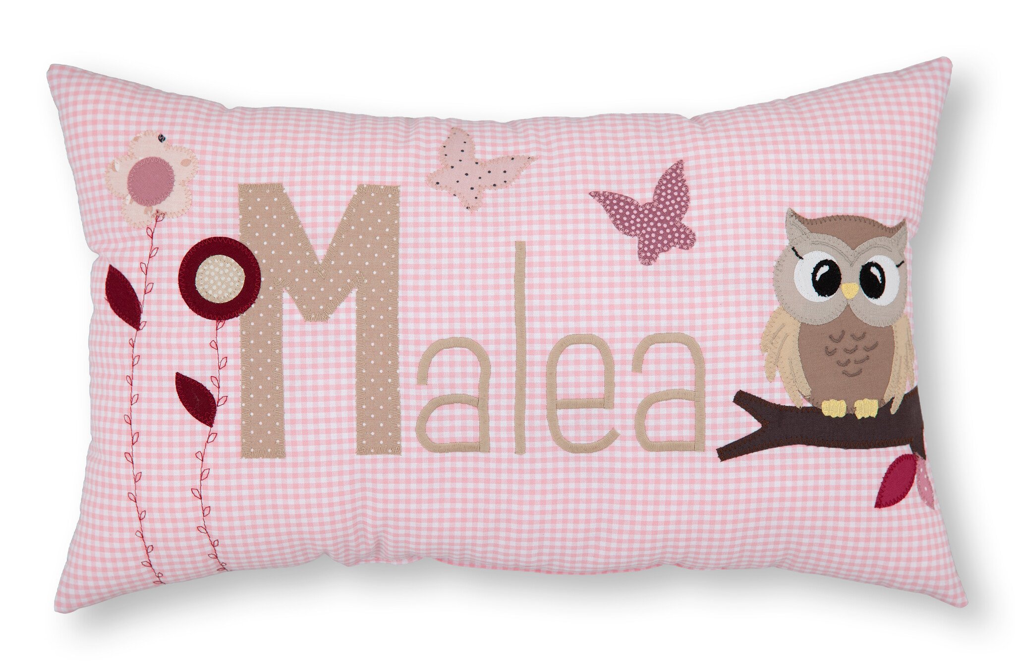 crêpes suzette Personalisiertes Namenskissen in rosa kariert mit Eule, Schmetterlinge und Blumen I Geschenk zur Geburt, Taufe oder Geburtstag
