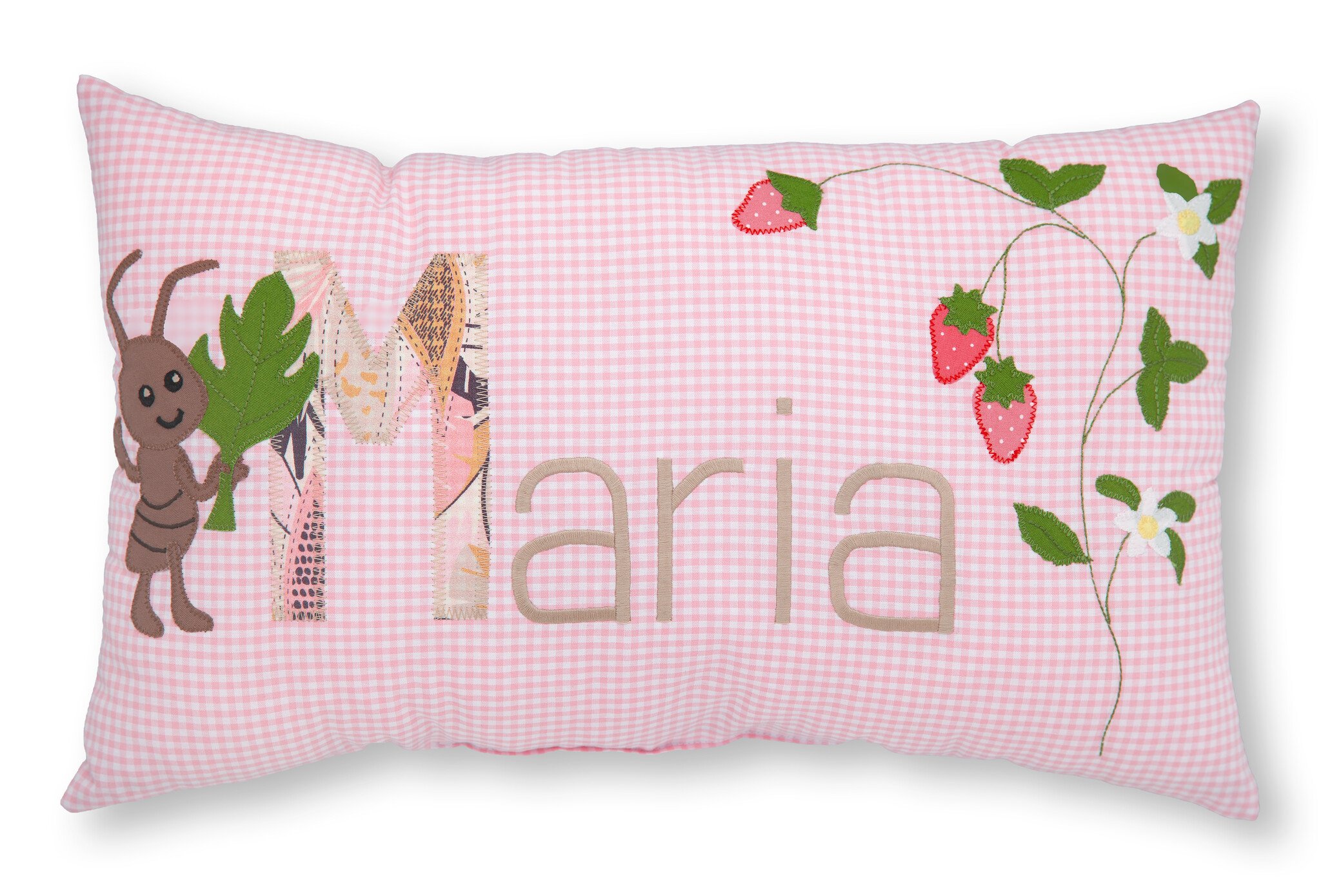 crêpes suzette Personalisiertes Namenskissen in rosa kariert mit Ameise, Erdbeeren und Blüten I Geschenk zur Geburt, Taufe oder Geburtstag