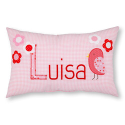 crêpes suzette Namenskissen Luisa I Vogel und Blumen I Rosa kariert I mit Wunschnamen